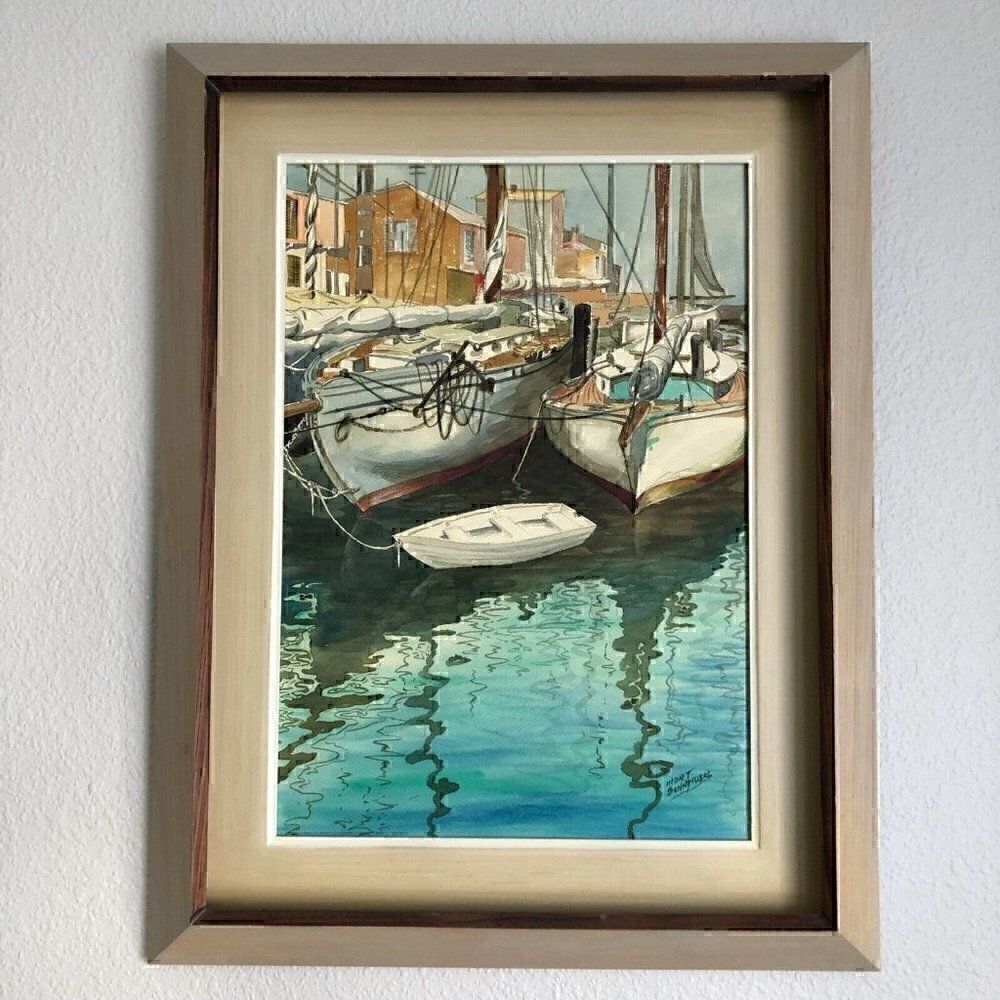 Schneider Signed Custom Framed Art Watercolor Docked Sailboats Ripple in Water